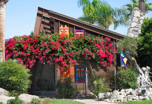 The triangle-shaped roof at the Triangle Inn Palm Springs men's clothing-optional resort in Palm Springs, California