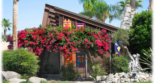 The triangle-shaped roof at the Triangle Inn Palm Springs men's clothing-optional resort in Palm Springs, California