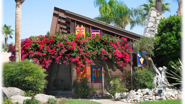 The triangle-shaped roof at the Triangle Inn Palm Springs men's clothing-optional resort in Palm Springs, California