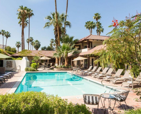 La Maison Hotel's pool area is surrounded by lounge chairs and palm trees