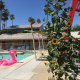 A flamingo float in the pool at the Aloha Hotel in Palm Springs, California