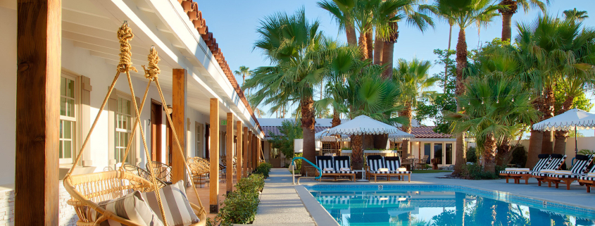 The swimming pool at Dive Palm Springs with swings next to it and palm trees behind it