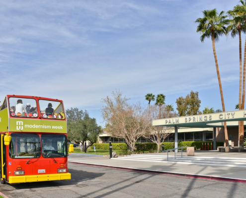 A tour bus in Palm Springs during Modernism Week