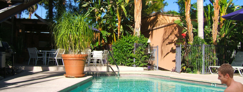 Two white men at the pool at Triangle Inn Palm Springs, a men's clothing-optional boutique hotel in Palm Springs, California