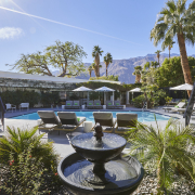 A fountain with bubbling water helps keep the pool area at Descanso Resort in Palm Springs calm and serene