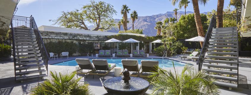 A fountain with bubbling water helps keep the pool area at Descanso Resort in Palm Springs calm and serene