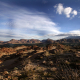 A desert landscape with blue skies and puffy clouds