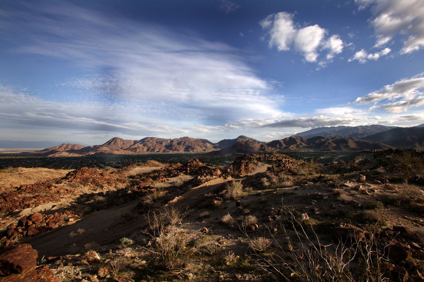 A desert landscape with blue skies and puffy clouds