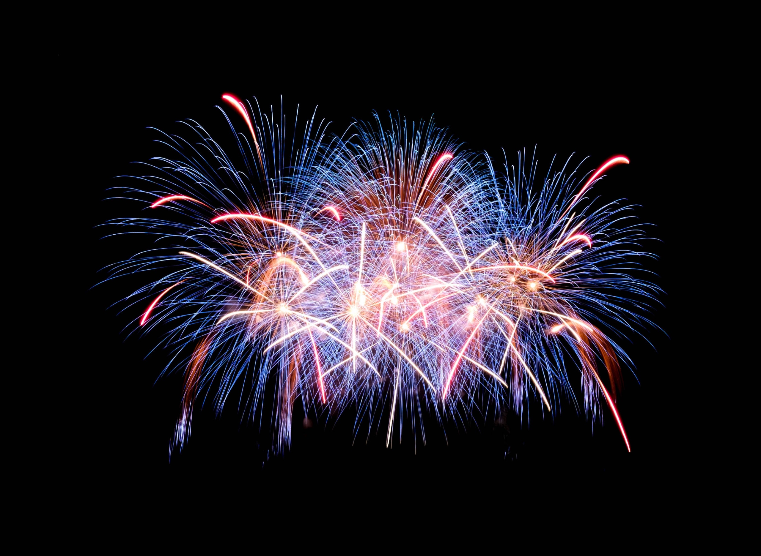 White, blue, and red streaks from fireworks in the night sky
