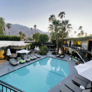 The pool at Descanso Resort in Palm Springs, California, is surrounded by comfortable lounge chairs and wide umbrellas