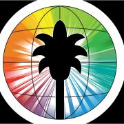 The Palm Springs Cultural Center's logo of a palm tree in front of rainbow colors on a black background