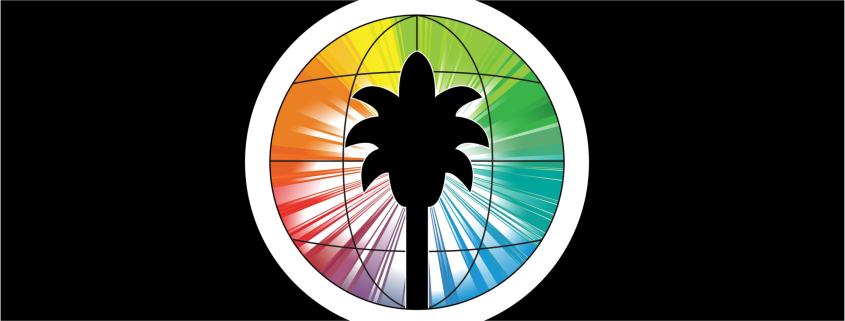 The Palm Springs Cultural Center's logo of a palm tree in front of rainbow colors on a black background