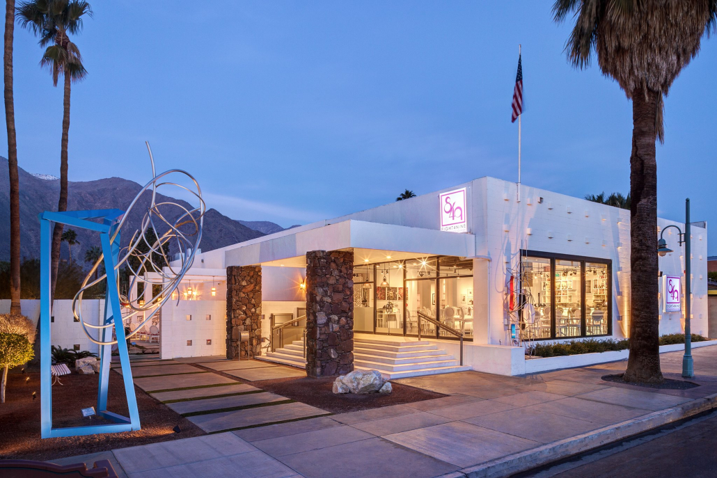 The white exterior of Eight4Nine restaurant in downtown Palm Springs, California