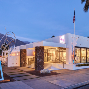The white exterior of Eight4Nine restaurant in downtown Palm Springs, California