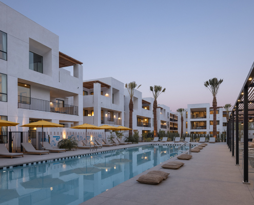 The pool at Drift Palm Springs surrounded by palm trees and loungers and yellow umbrellas