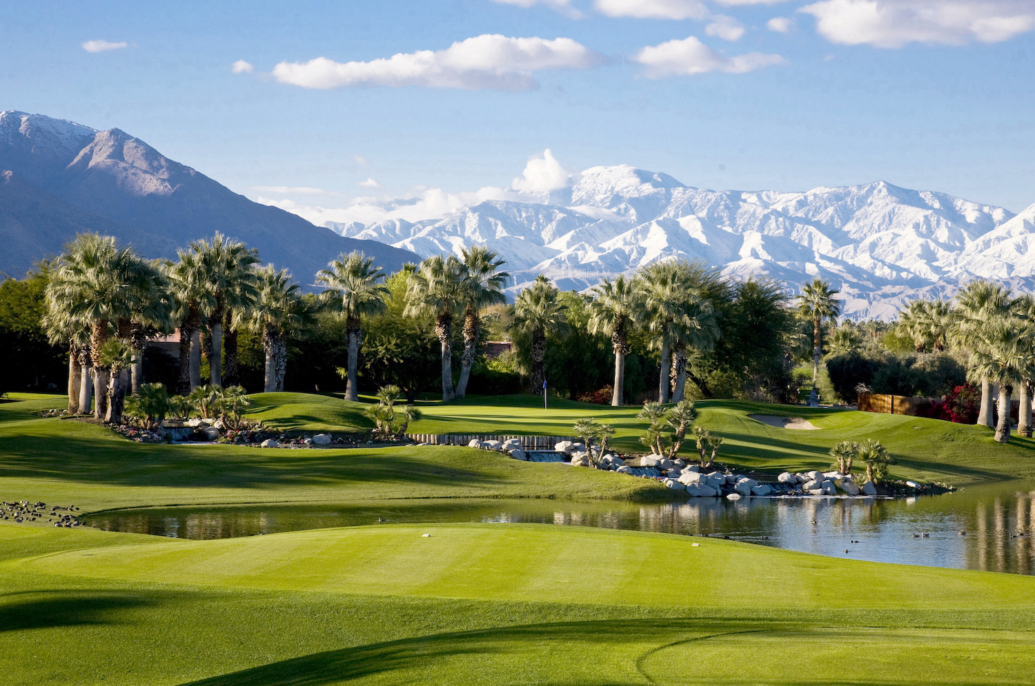 Snow-covered mountains behind a green golf course in Palm Springs, California