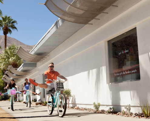 People on bikes in downtown Palm Springs