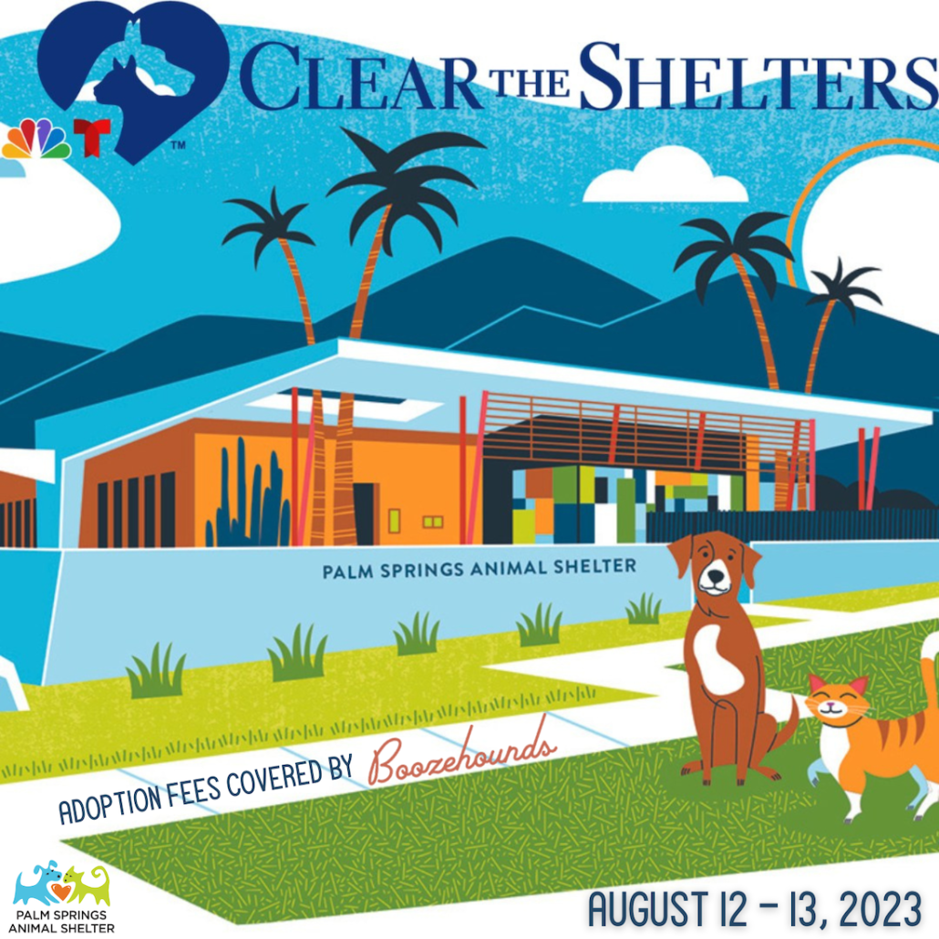 An ad for Clear the Shelters showing a cartoon dog and cat