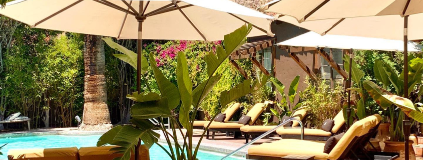 White umbrellas shade lounge chairs poolside at Talavera Palm Springs