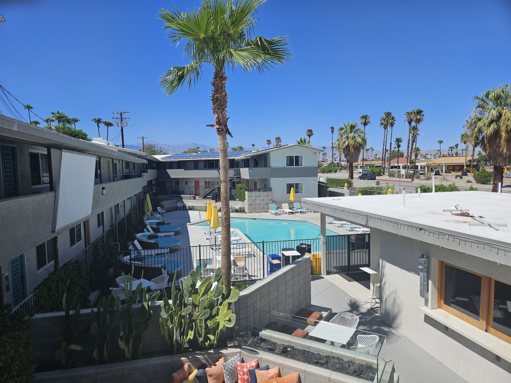 The view of the pool from a room at The Cole Hotel in Palm Springs