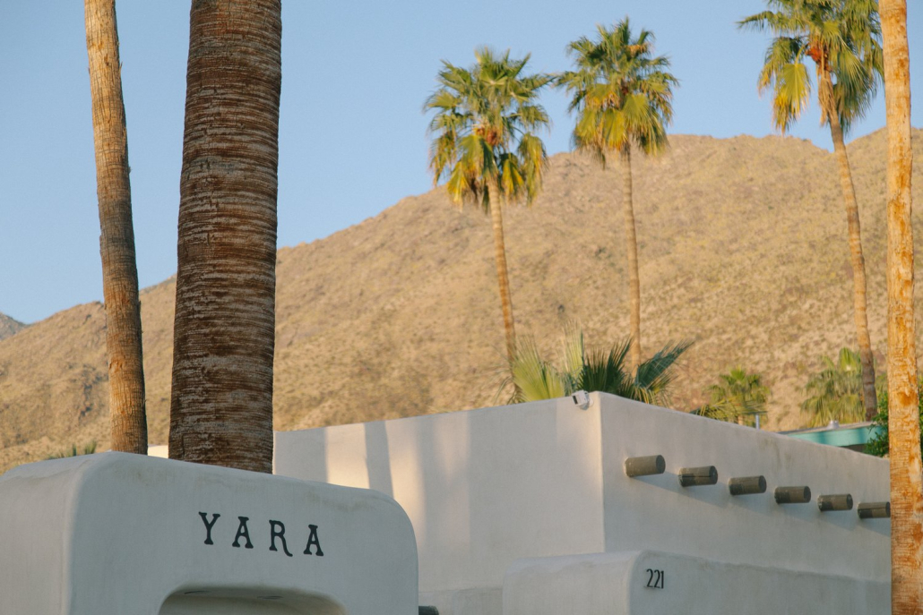 The white building welcoming guests to the Yara Hotel in Palm Springs, California