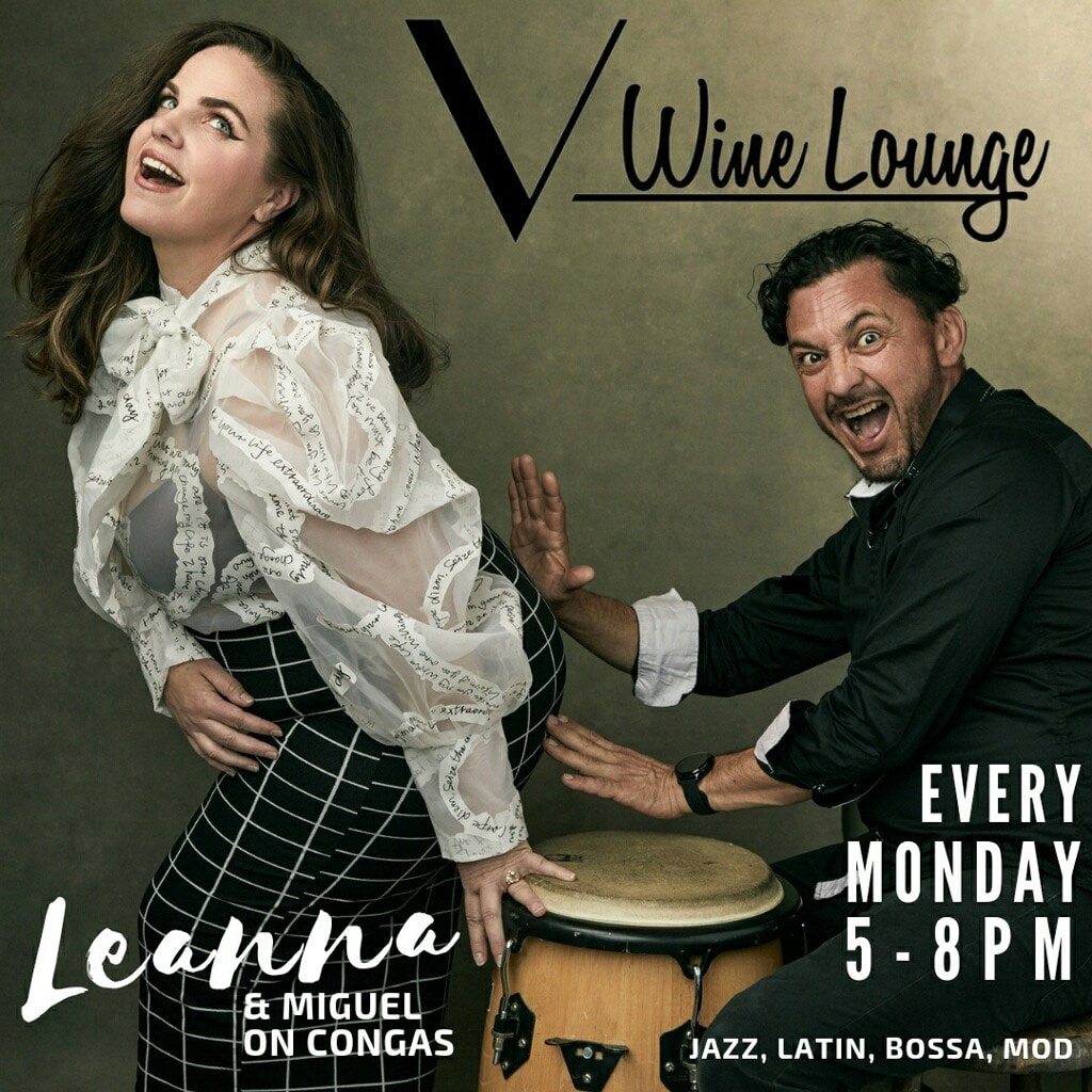 A flyer for Leanna and Miguel at V Wine Lounge in Palm Springs, California