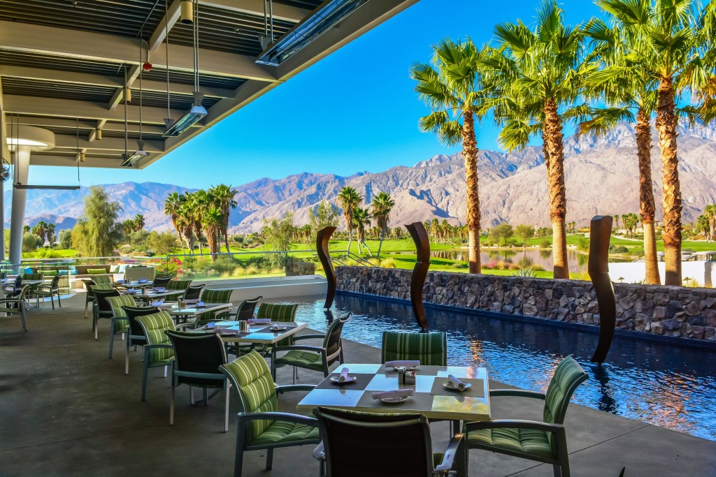 Mountain and palm tree views from the patio at Escena in Palm Springs, California
