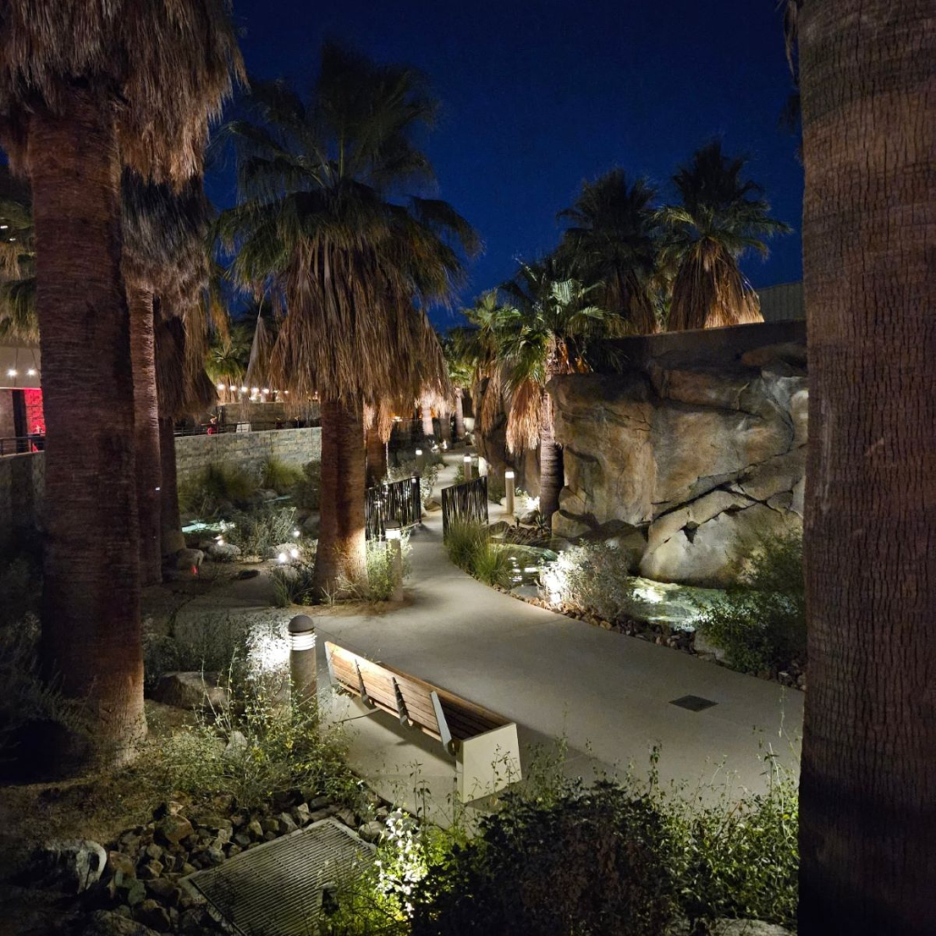 The Oasis Path at the Agua Caliente Cultural Museum in Palm Springs, California, is illuminated at night