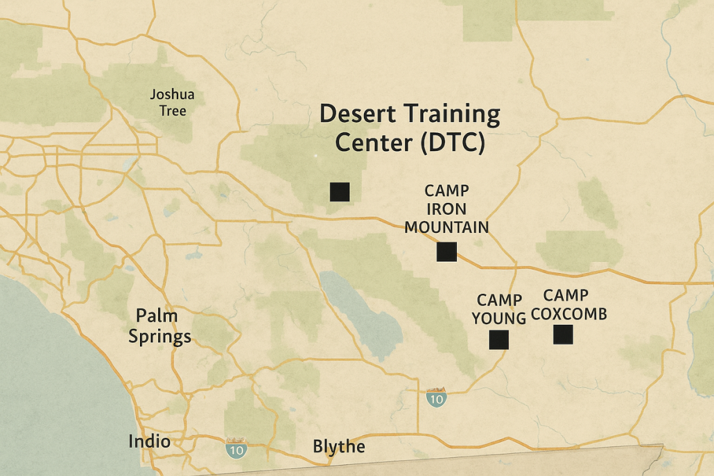 A map showing desert training centers during World War II